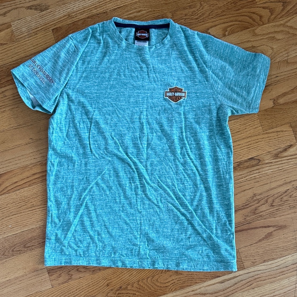 Harley-Davidson Heathered Green Large T shirt St. Thomas on sleeve